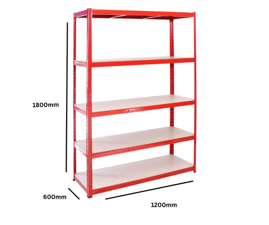 WC005 - Red 5 Tier Boltless Shelving Unit - 1800 x 1200 x 600mm
